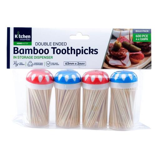 Bamboo Toothpicks in Dispenser - Includes 4 Packs of 150