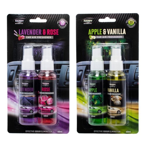 Car Air Freshener Spray 60ml each 2pk (2 Assorted Scents in Carton, Apple & Vanilla, Lavender & Rose)