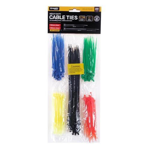 Cable Ties Green, Yellow, Black, Blue & Red Assorted 250pcs