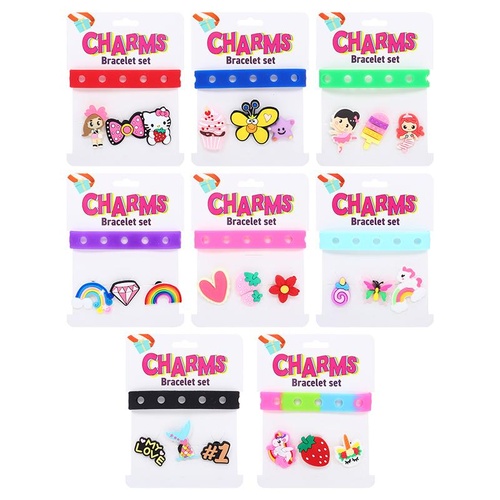 Charm Bracelet Set 4pc Includes: 22.5cm x 1.5cm Bracelet & 4 Charms 8 Assorted Colours