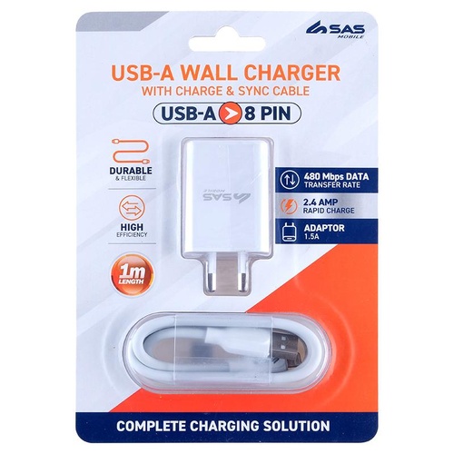Charge & Sync AC Charger with 8 Pin 1m Cable (Suitable for iPhones)