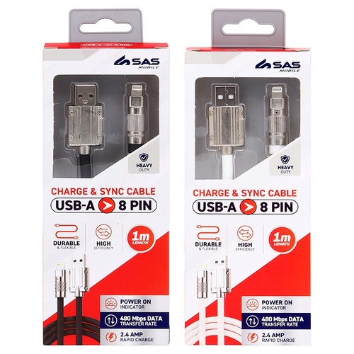 Charge & Sync USB A to 8 Pin Heavy Duty Cable - Suitable for iPhone Devices - Black & White Assorted - 1 metre