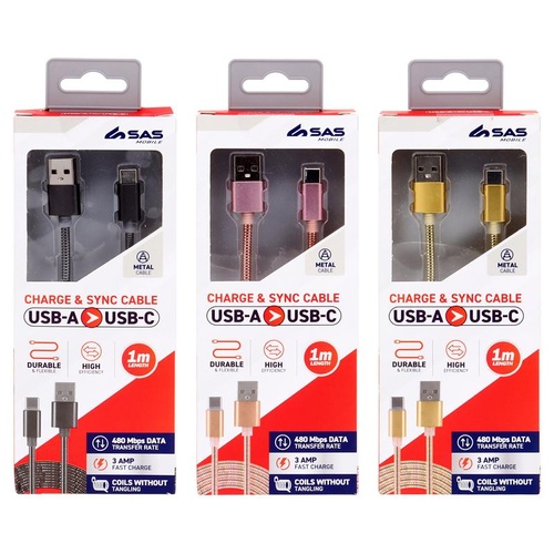 Charge & Sync USB A to Type C Metal Cable - Black, Rose Gold & Gold Assorted - 1 metre