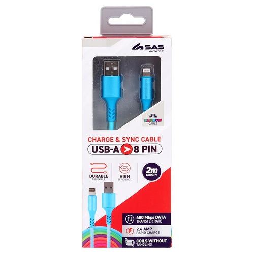 Charge & Sync USB A to 8 Pin Rainbow Polyester Cable - Suitable for iPhone Devices- 2 metre