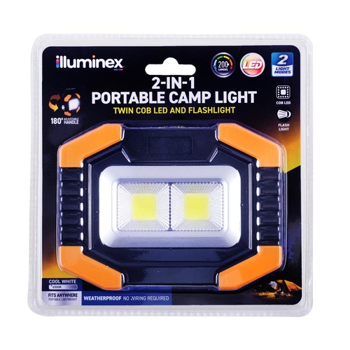 Illuminex Battery Operated 2-in-1 Portable COB Worklight 2 Modes 200 Lumens 135mm x 110mm (Requires 3 x AA Batteries, Not Included)