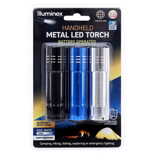 Illuminex Torch 9 LED 20 Lumens 85mm x 25mm Black, Silver & Blue 3pk (Battery Operated, Requires 3 x AAA Batteries, Not Included)