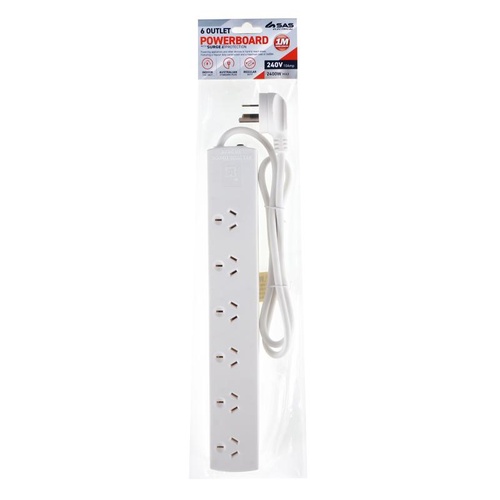 Power Board 6 Outlets with Overload Protection 1 Metre Cord White 240V 10A Max Load 2400W