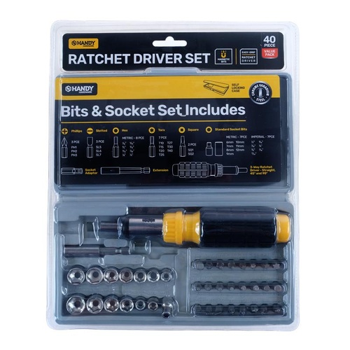 Ratchet Driver Set In Case Includes Assorted Magnetised Bits, Rubber Grip Handle 40pc