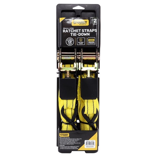 Ratchet Tie Down Yellow 4.5m x 25mm Max Weight 230kg 2pc