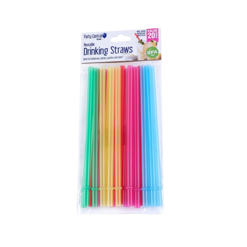 Straws Reusable Retro Stripe 20pk 20cm x 0.8cm - Assorted Colours