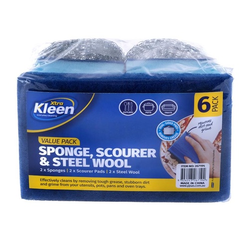 Sponge Scourer Pad Steel Wool Value Pack Set - 6pc