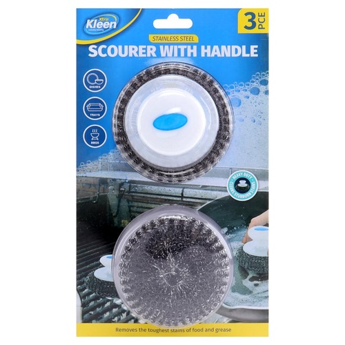 Stainless Steel Scourer With Handle 3pc Set includes 2 x Scourers, 1 x Hand Tool - 18g per/pc
